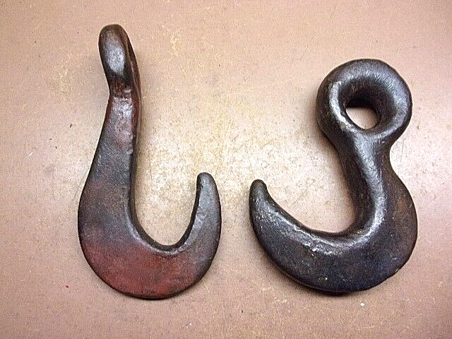 Two (2) Hand Forged Heavy Duty Hooks Vintage Lifting Rigging Hooks Very Rugged