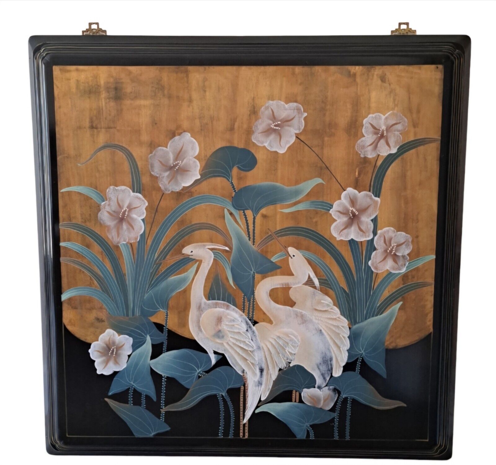 Hand Painted Great White Herons Chinese Hanging Wall Wood Panel Vintage 40 x 40\