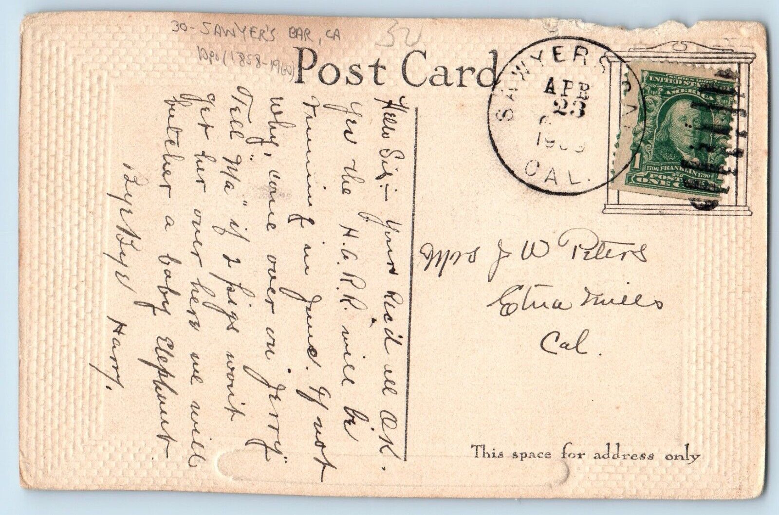 DPO (1858-1960) Sawyer\'s Bar California CA Postcard An Island Village 1909