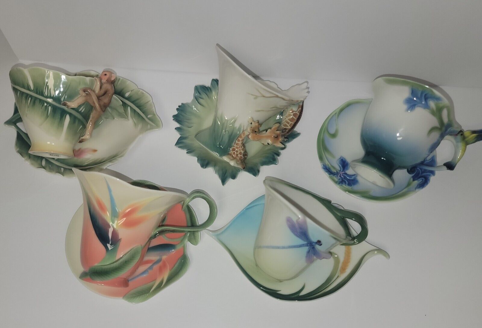 Franz Porcelain Five Cup Saucer Sets-Jungle Beauties & Insects