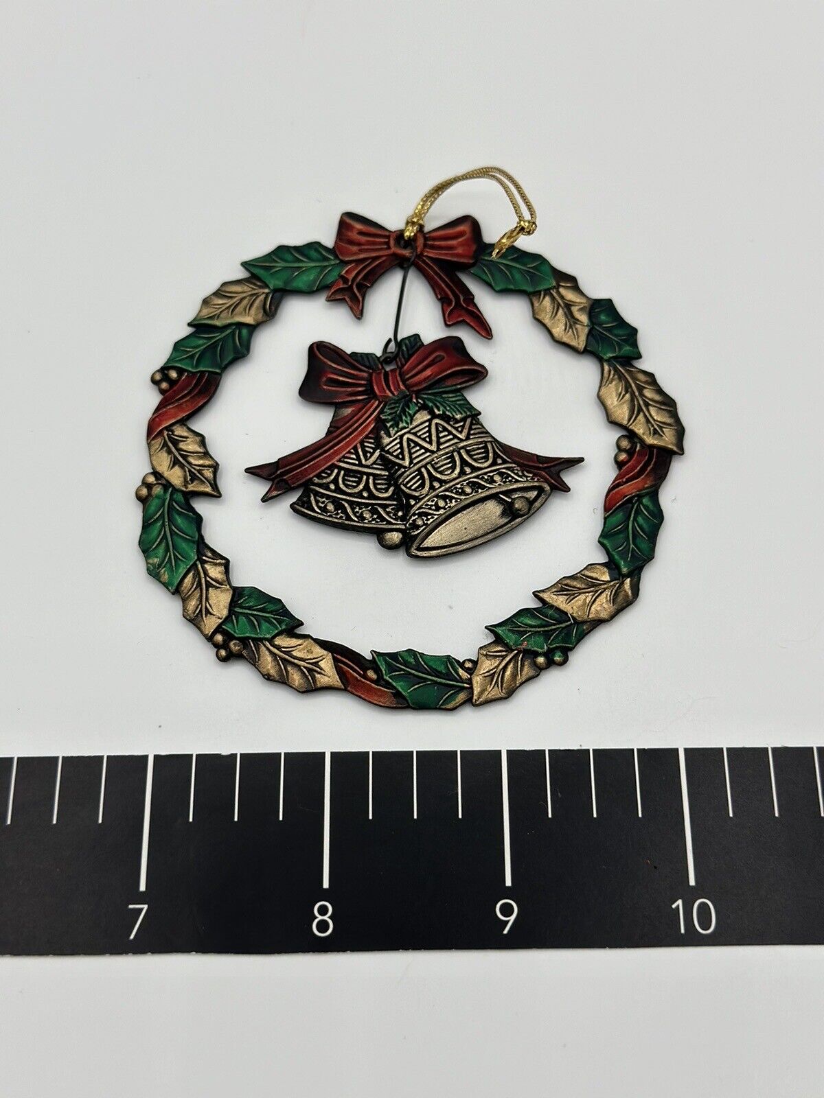 Vintage Christmas Ornament Metal Wreath with Dangling Bell - Russ Berrie  
