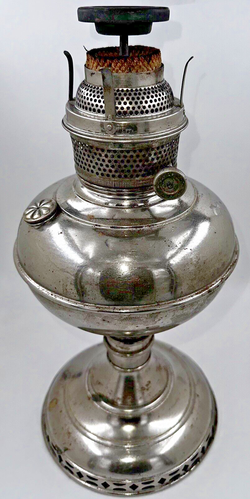 Rare Antique Kerosene Stand Lamp with Unusual 1908 Kovacic Flame Extinguisher