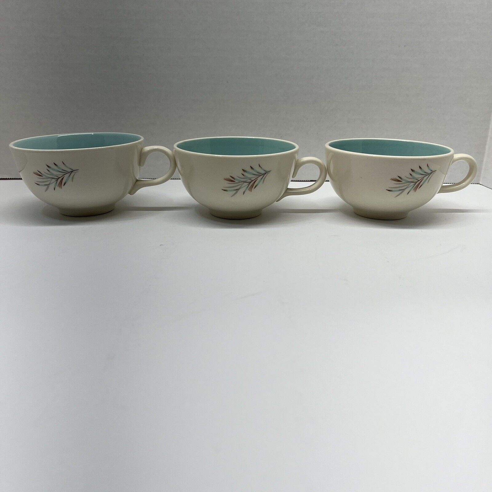 Set of 3 Vintage MCM Unmarked Teal and Cream Coffee/Tea Cups Wheat/Leaf Pattern