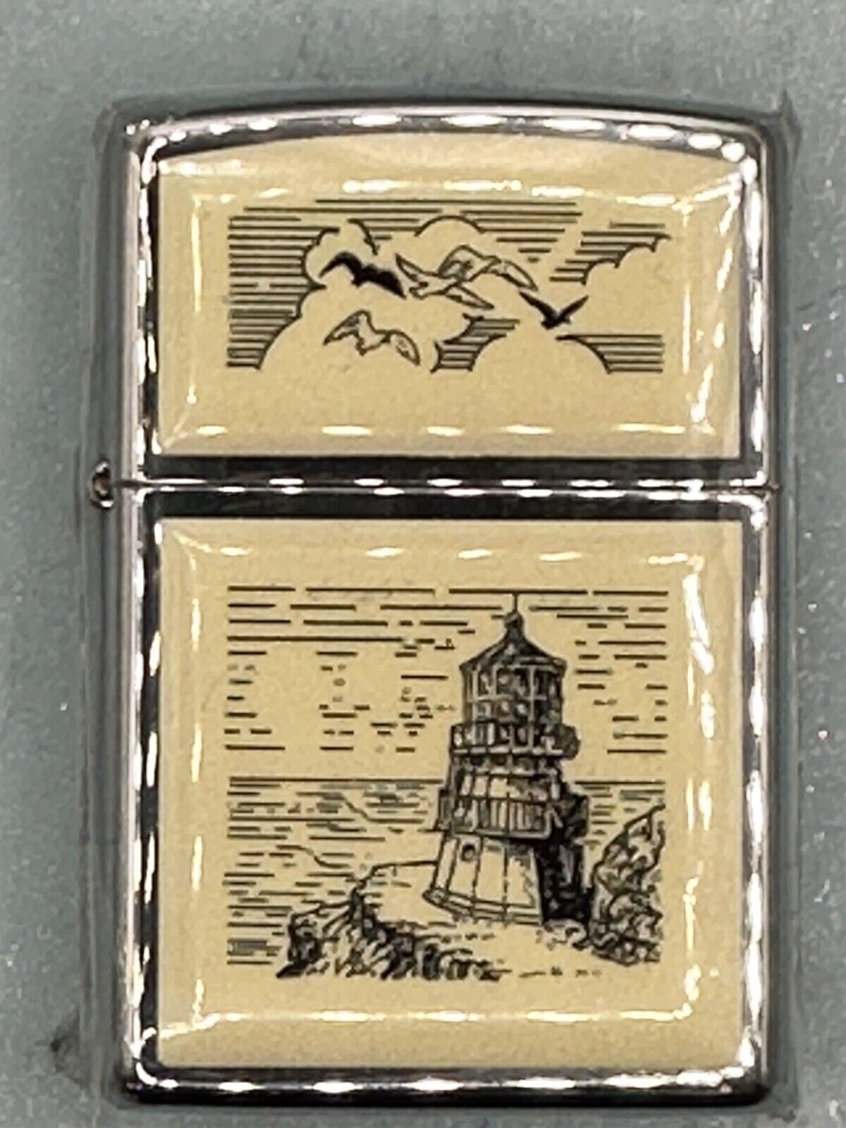 Vintage 2000 Scrimshaw Lighthouse Double Sided Zippo Lighter NEW Mint Condition