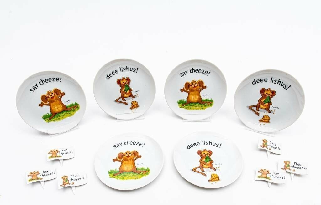Vtg 1976 Suzy's Zoo (6) Cheese Plates & (6) Markers Porcelain by Enesco Japan