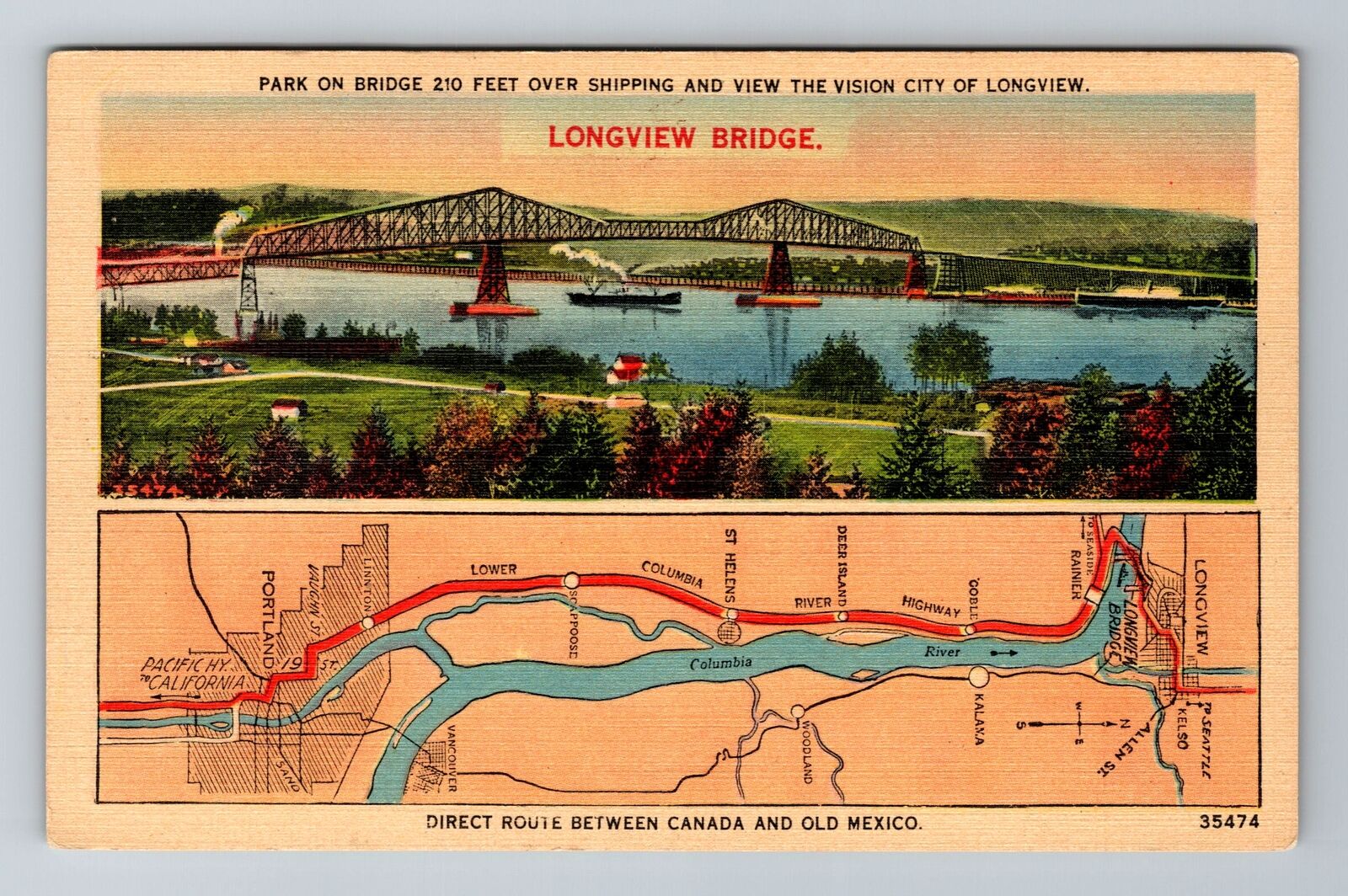 Longview WA-Washington, Park On Bridge Over Shipping, Aerial, Vintage Postcard