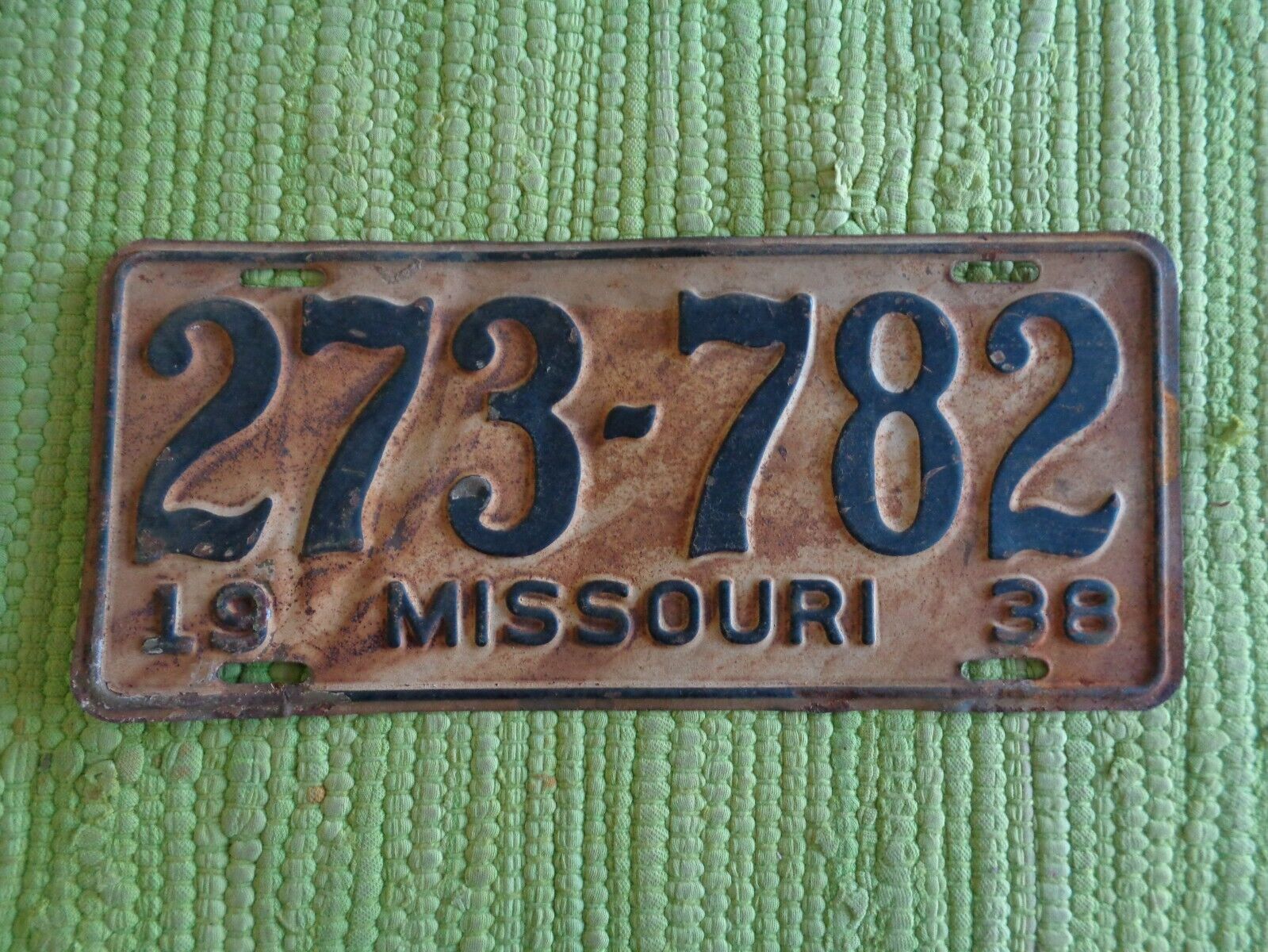 1938 Missouri License Plate MO 38 Tag 273-782