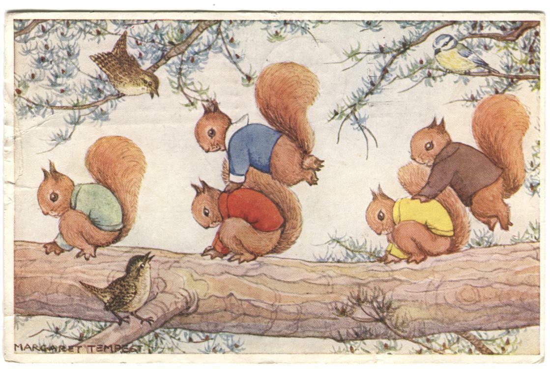 Artist Signed Postcard Margaret Tempest Leapfrog Squirrels Playing