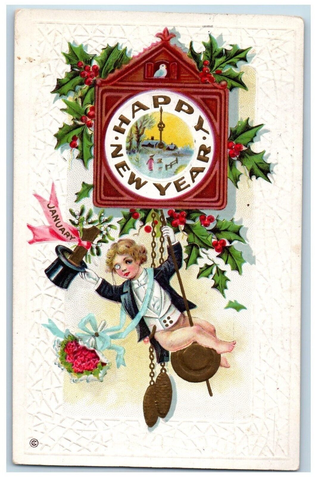 Oneida New York NY Postcard New Year Angel Hanging Ringing Clock Berries c1910\'s