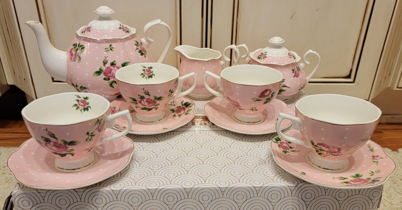 BREW TO A TEA Tea 11 Piece Set PINK FLORAL ROSES NEW IN OPEN BOX