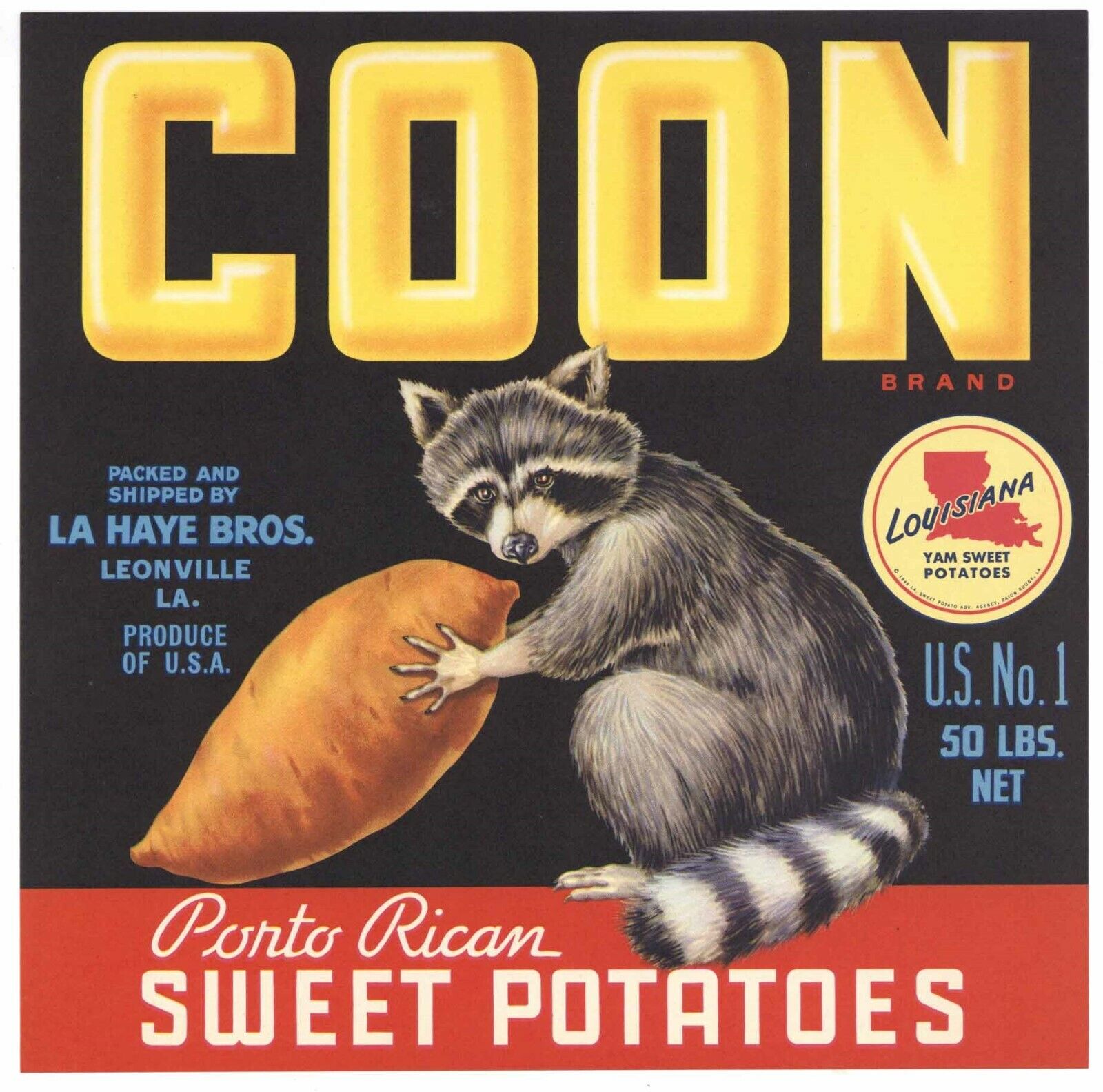COON Vintage Leonville Louisiana Yam Crate Label, Raccoon, **AN ORIGINAL LABEL**
