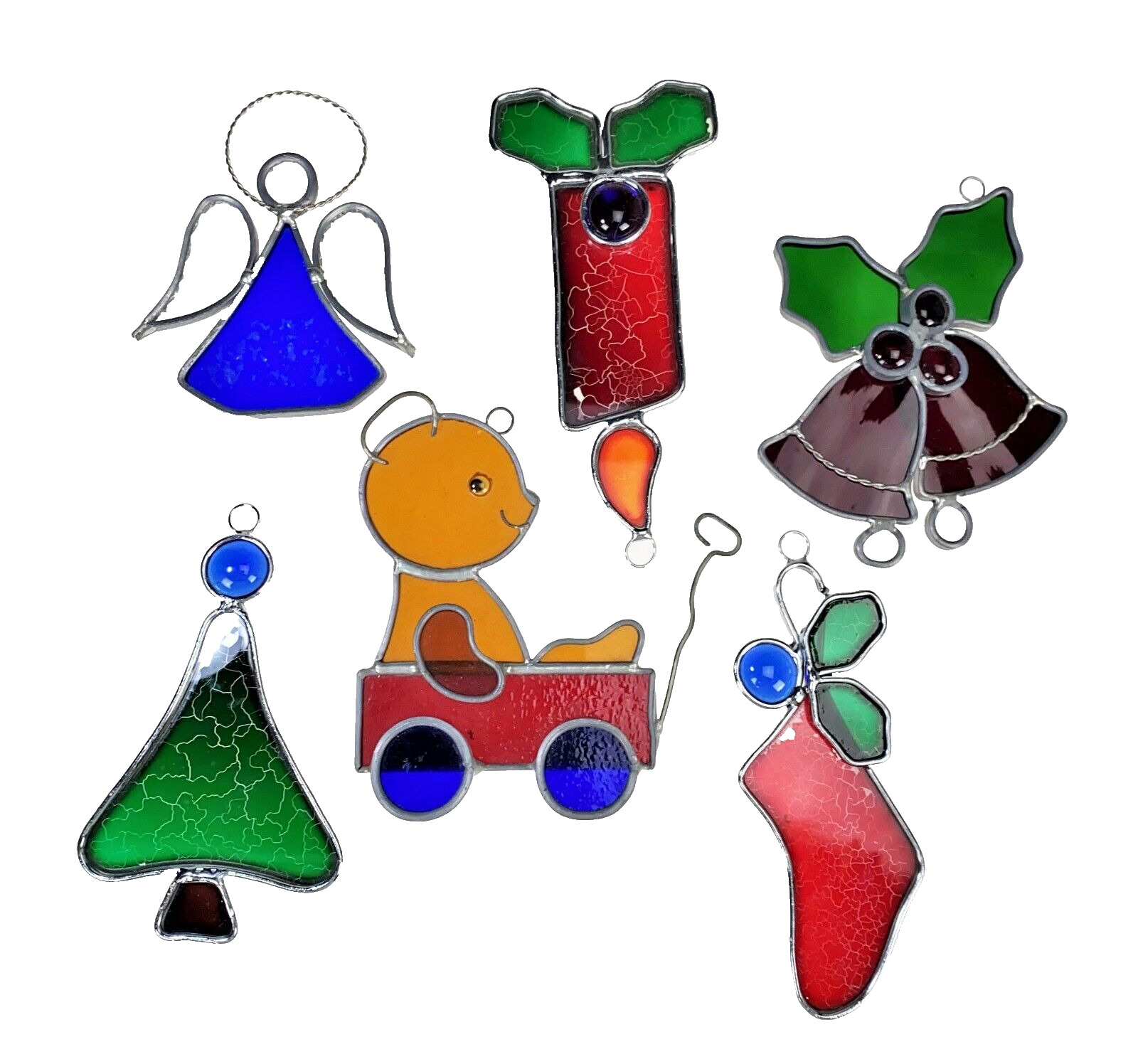 6 Stained Glass SunCatcher Christmas Holiday 6” Ornaments Angel Tree Stocking 