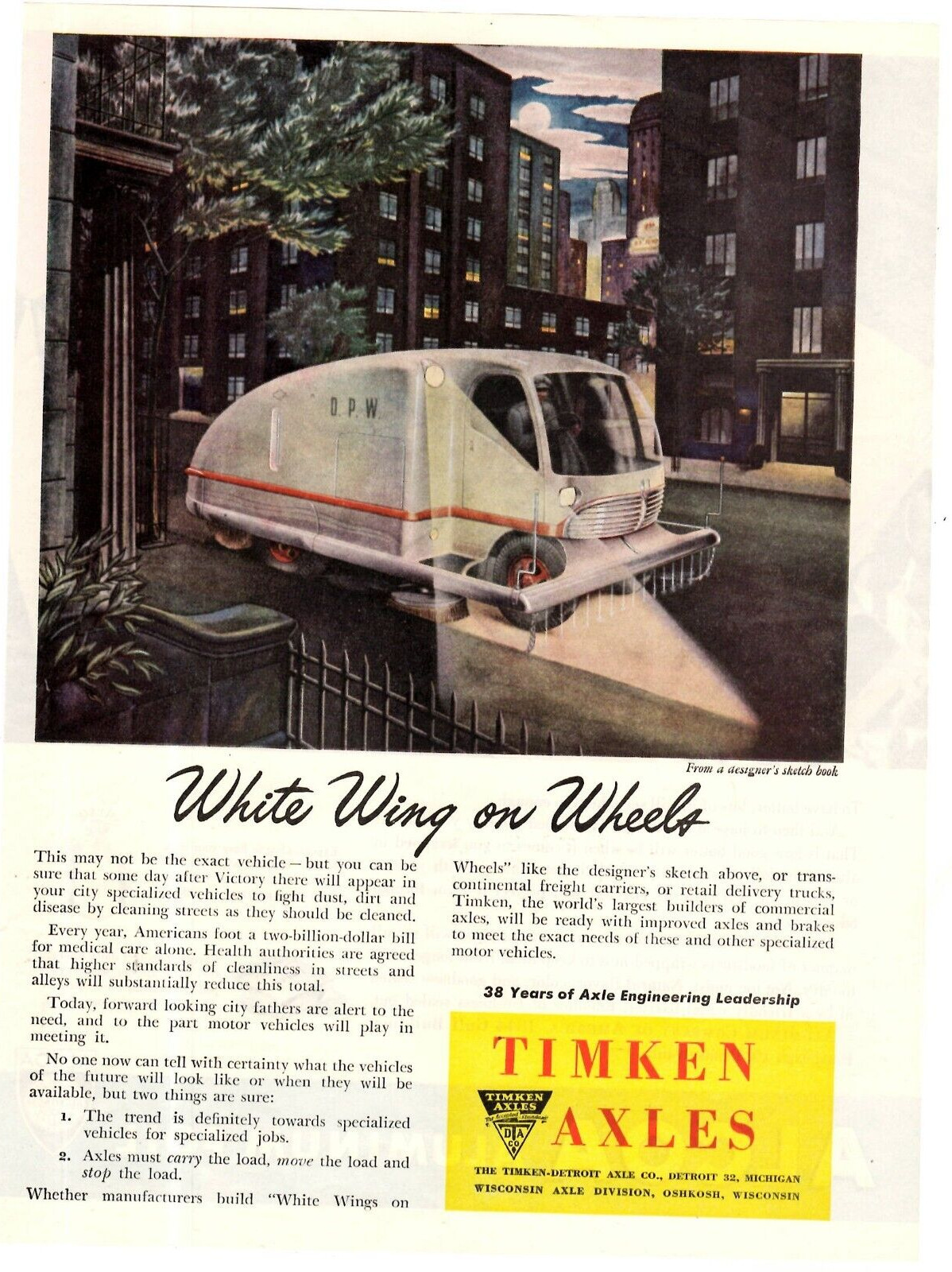 1945 Print Ad Timken Axles White Wing on Wheels Street Sweeper Illustration