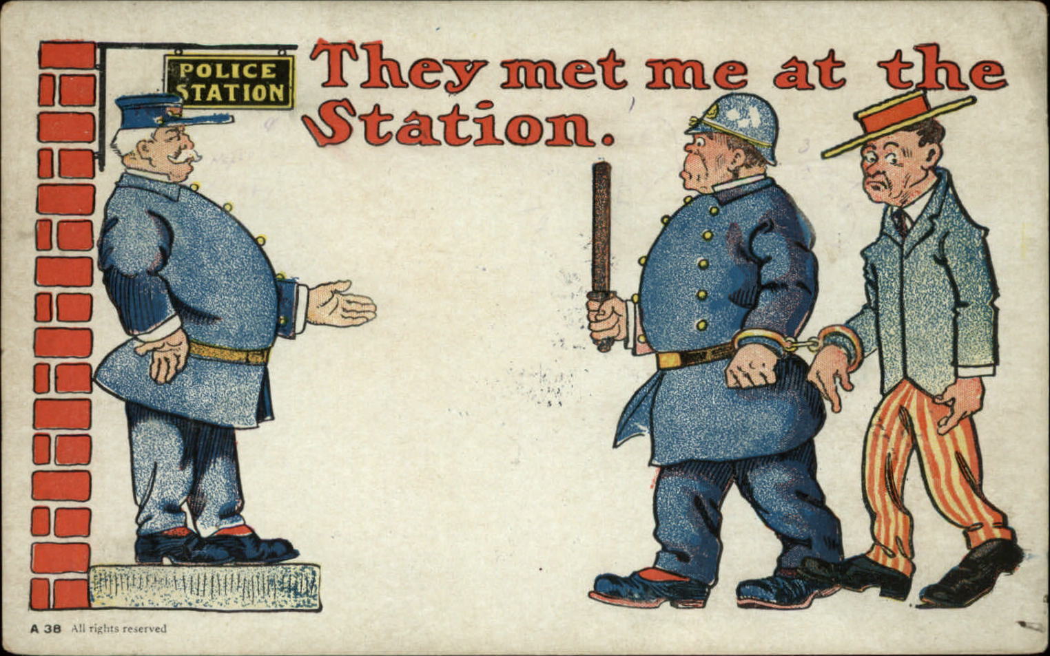 English Bobby police station ~ handcuffed man comic ~ UDB 1906 to Ridgway PA