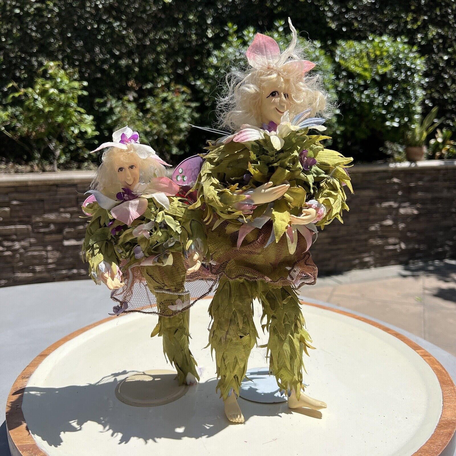 Woodland Winged Fairy Pixie Elf Flower Doll Resin Taffeta Fairies Lot Of 2