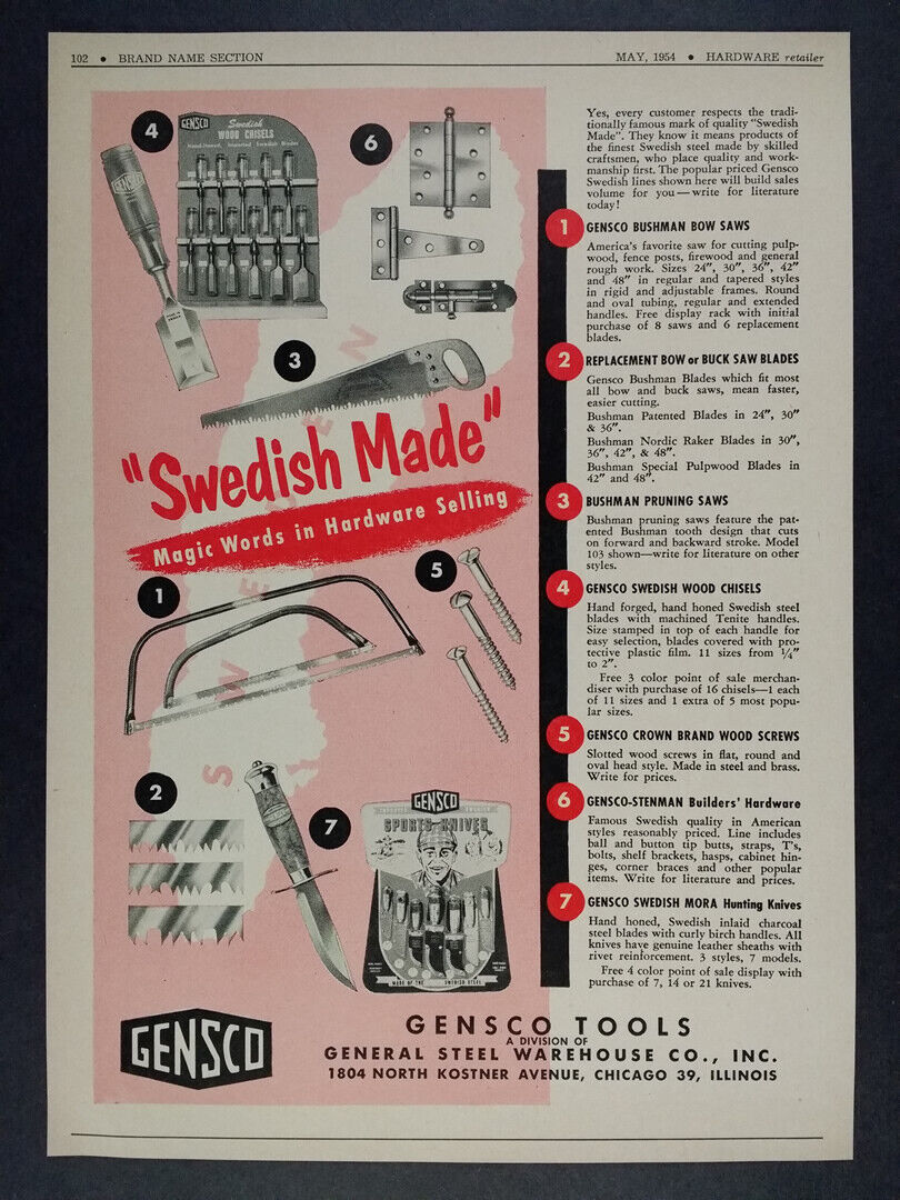 1954 Gensco Tools Bow Saws Chisels Mora Knives hardware trade vintage print Ad