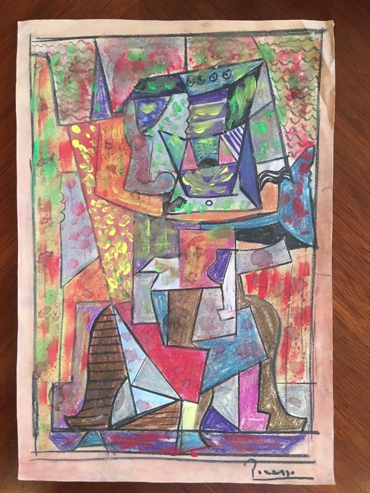 Cubist Original Watercolor Pastels Chalk Painting Signed Picasso Modern Abstract