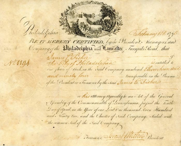 Philadelphia and Lancaster Turnpike signed by Israel Whelen - Stock Certificate 