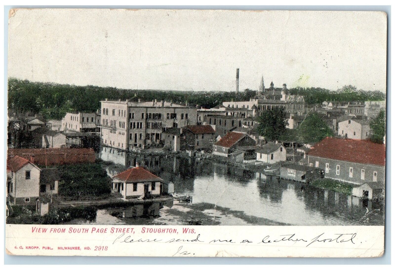 1907 View From South Page St. Lake River Building Stoughton Wisconsin Postcard