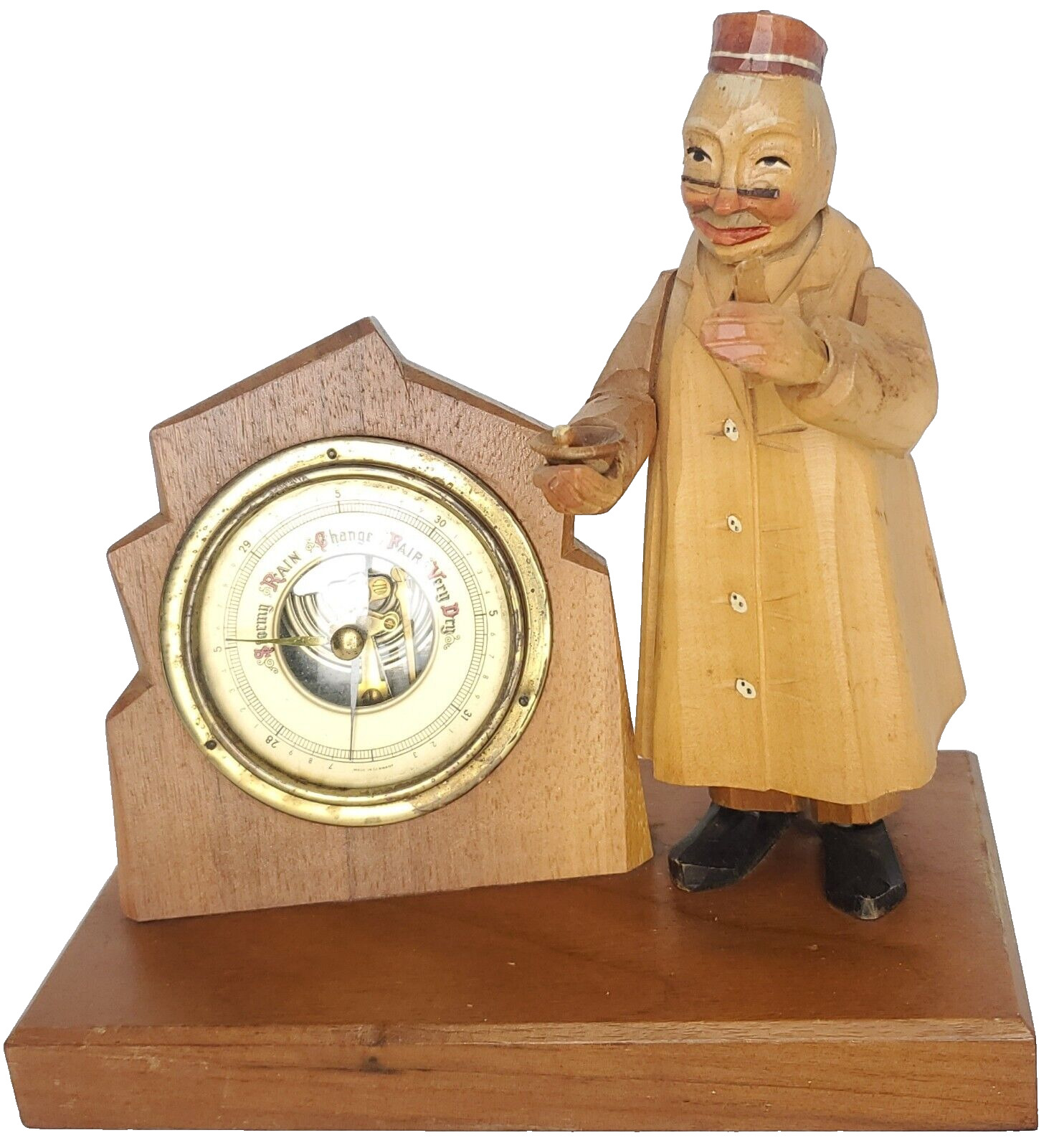 Vintage 1950s ANRI Hand Carved Wood Barometer & Pharmacist Figure German Made
