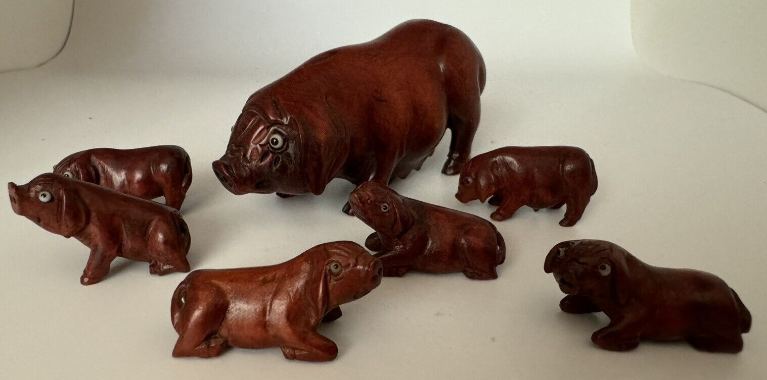 Vintage Wood Carved Pig Family Figurines Lot Of 7-Mom and 6 Piglets