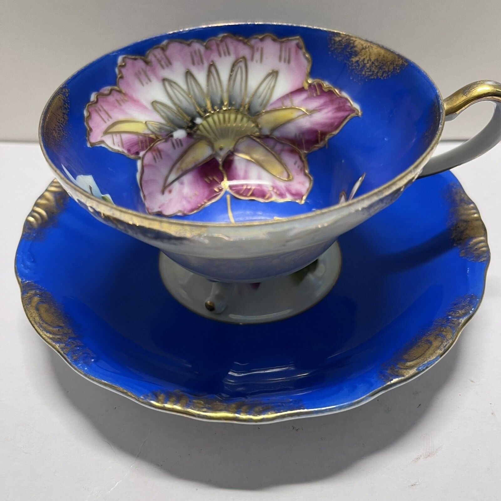 Vintage Royal Sealy Blue & Gold China 3 Footed Cup And Saucer Japan Lotus Flower