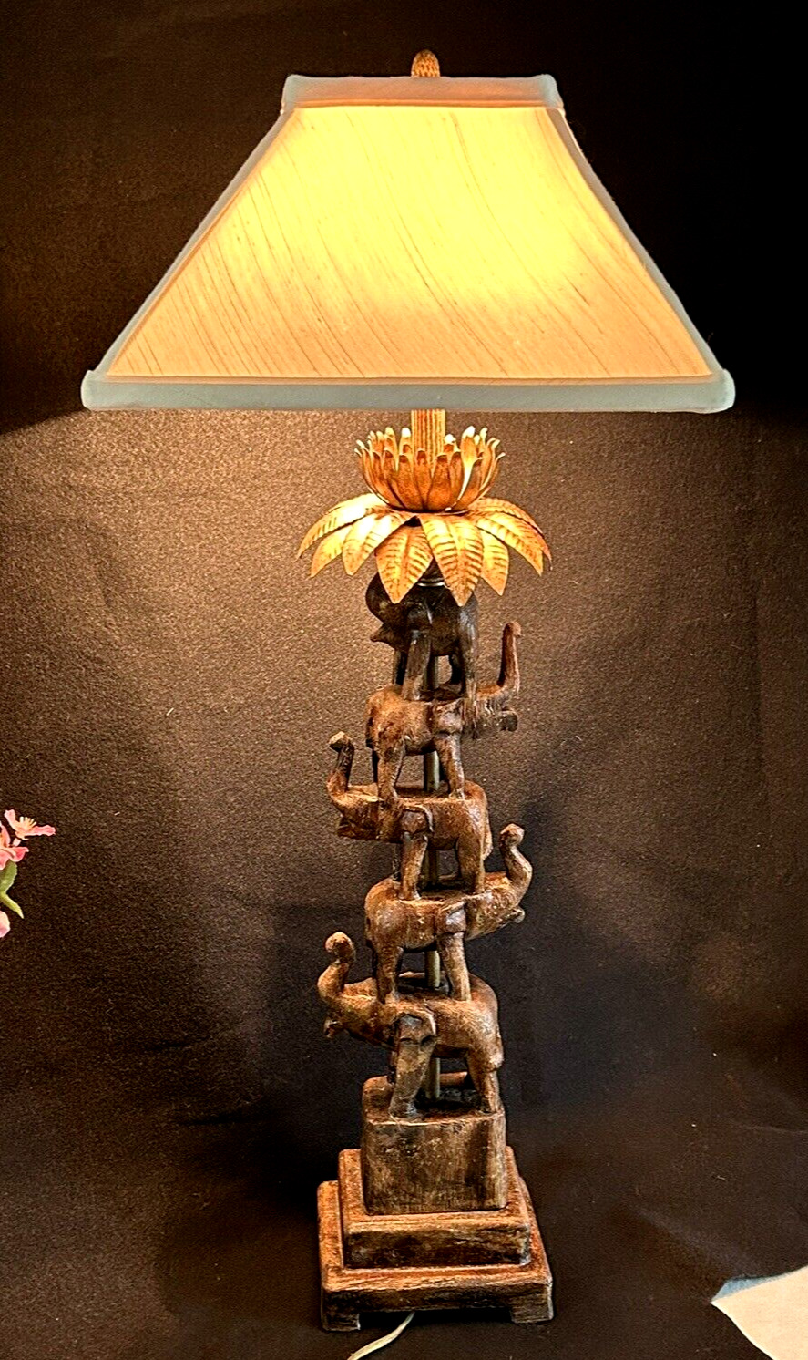 Mid Century Carved Wood Elephant with Gold Bronze Palm Leaves Table Lamp 30\