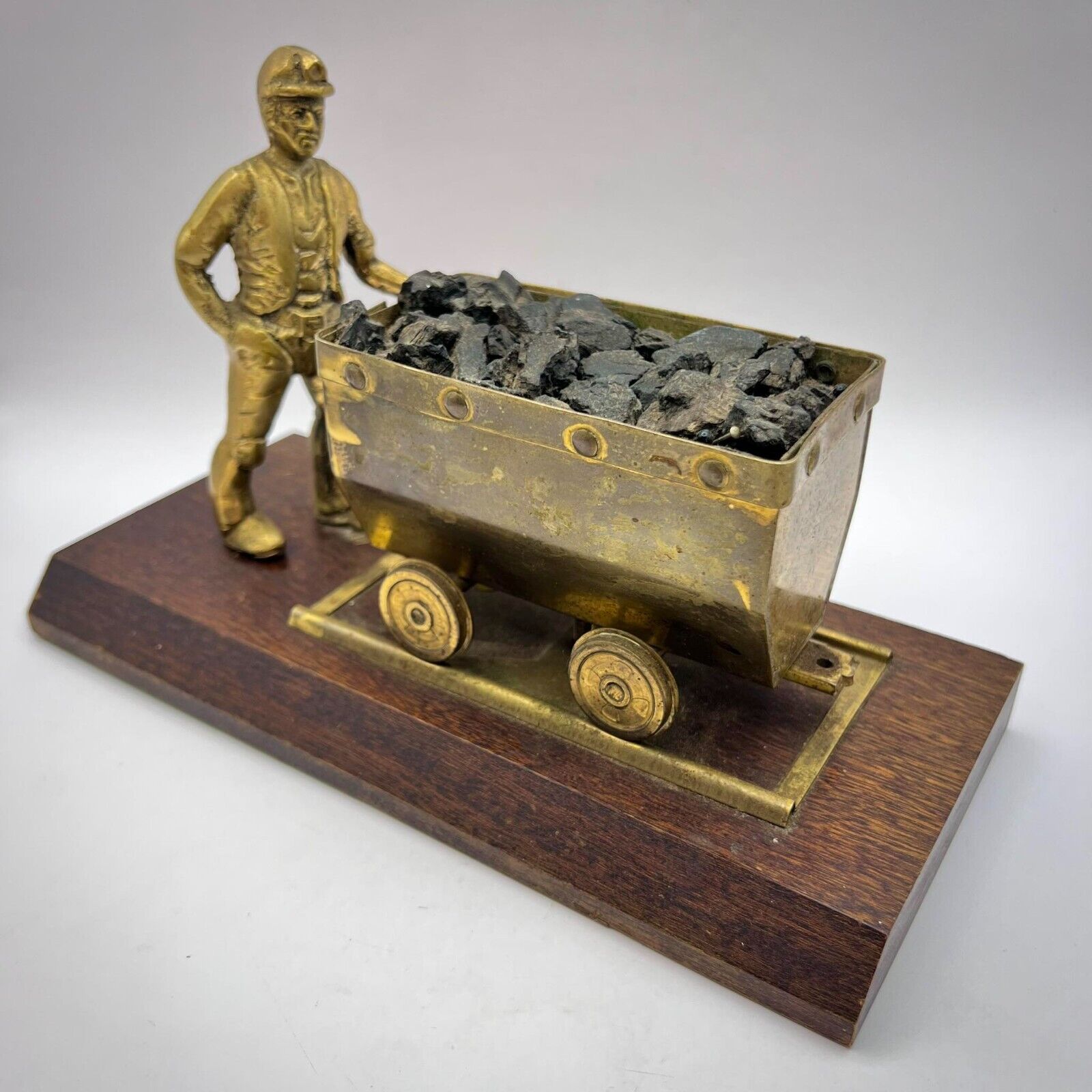 VINTAGE BRONZE FIGURE STATUE Miner Trolley with Real Coal on Wood Base England