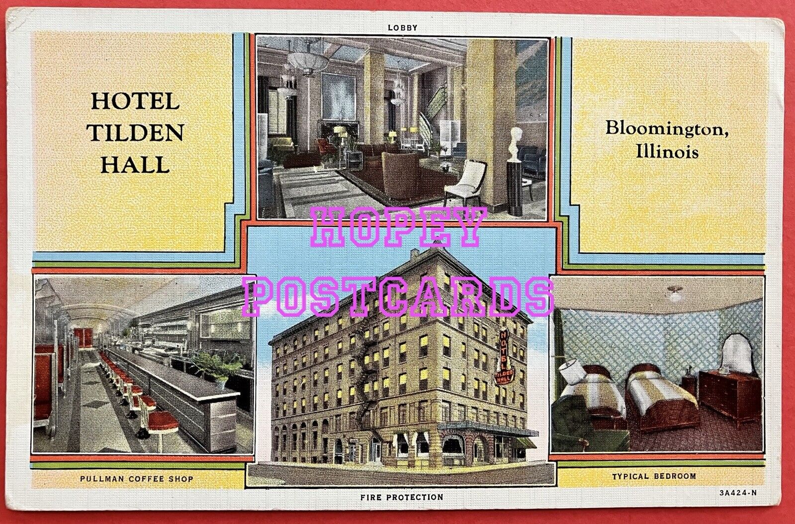 ROUTE 66~ BLOOMINGTON, IL ~ HOTEL TILDEN HALL ~MULTI-VIEW~ linen  postcard~ 1933