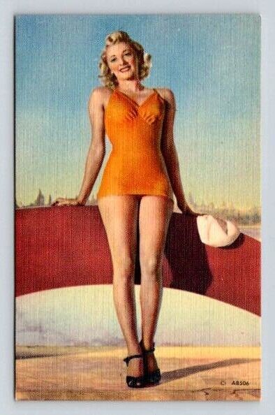 Vintage Bathing Beauty Pinup Girl, Swimsuit - Linen Postcard