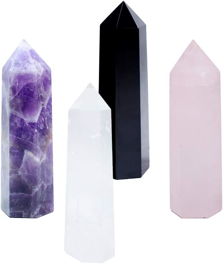 Runyangshi Set of 4 Natural Healing Crystal Wands, Height 2-2.4 Single Point Hea