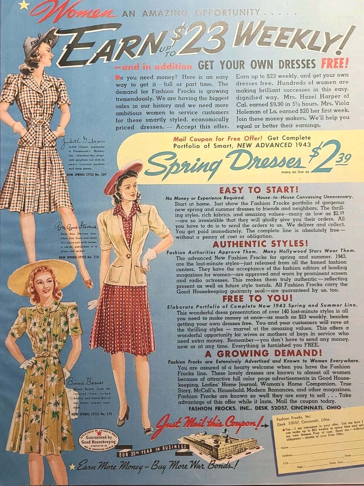 Fashion Frocks Cincinnati OH Earn Money Free Spring Dress Vintage Print Ad 1943