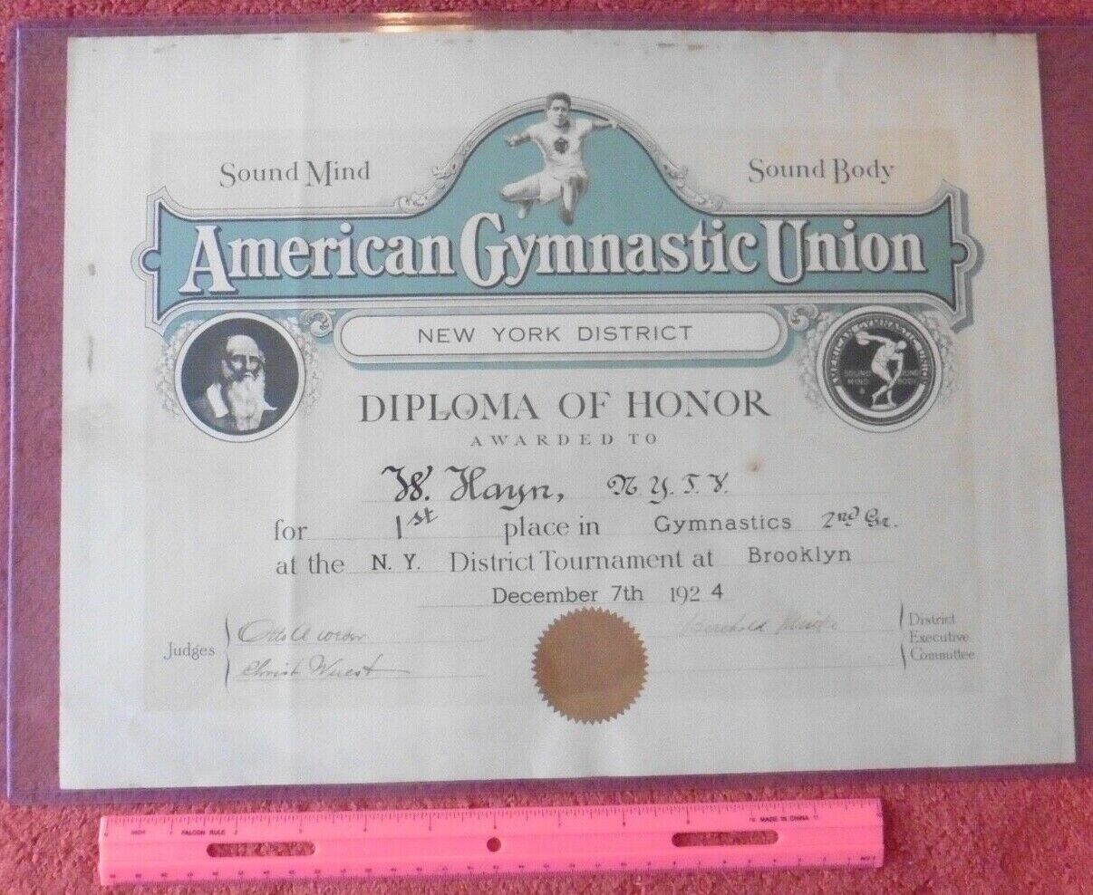 1924 Antique American Gymnastics Union Diploma of Honor NY District 1st Place