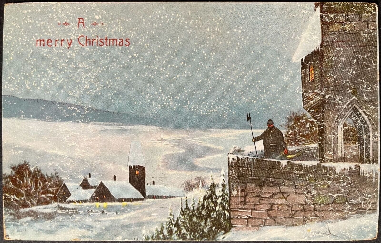 Strange Christmas Postcard 1912, Man holding Halberd/pole ax on defensive wall