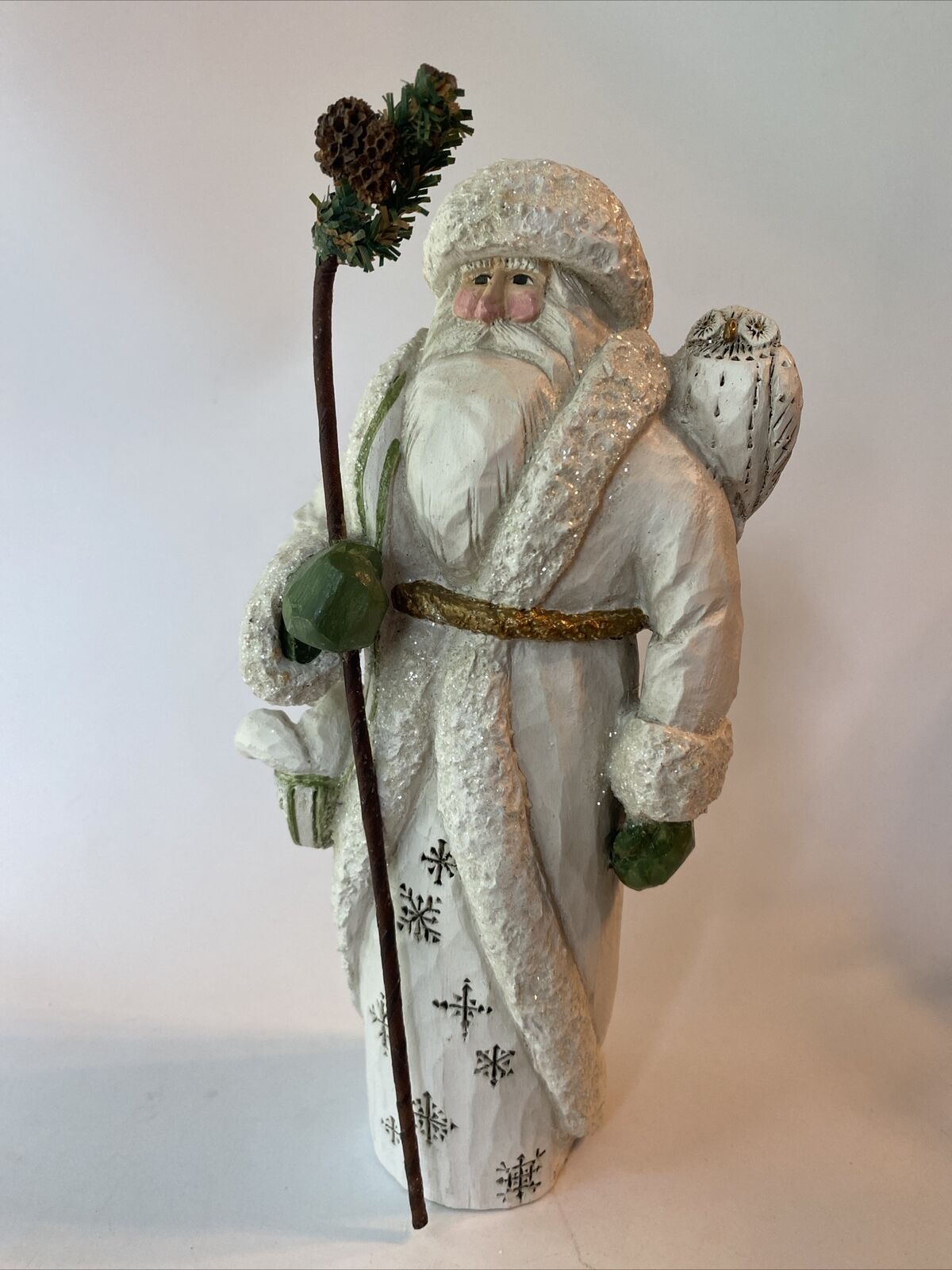 Pam Schifferl White Winter Woodland Santa Animals Glitter Figurine Owl Fox 10”
