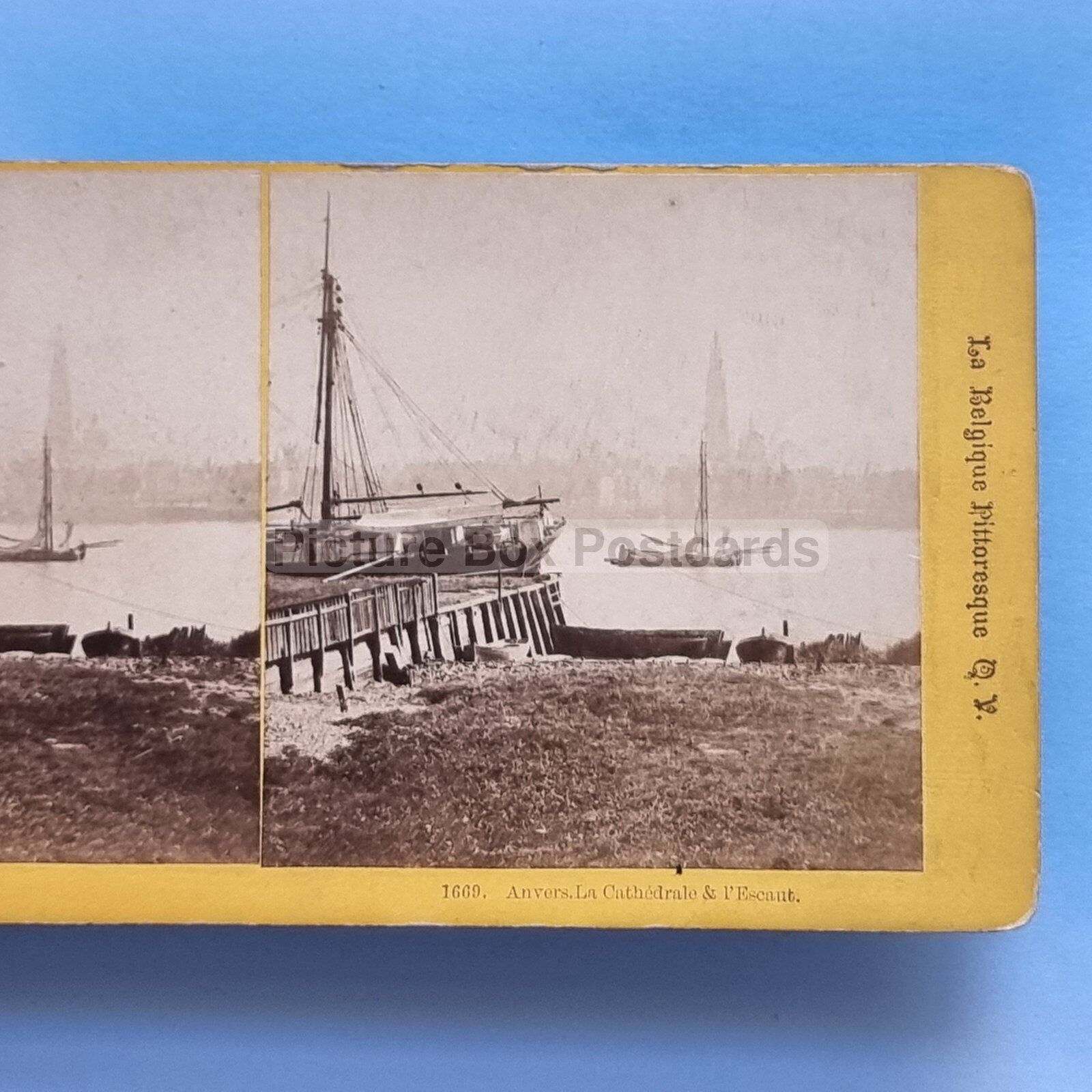 Stereoview Card 3D Real Photo C1865 Anvers Belgium Cathedral L\'Escaut Sail Ships