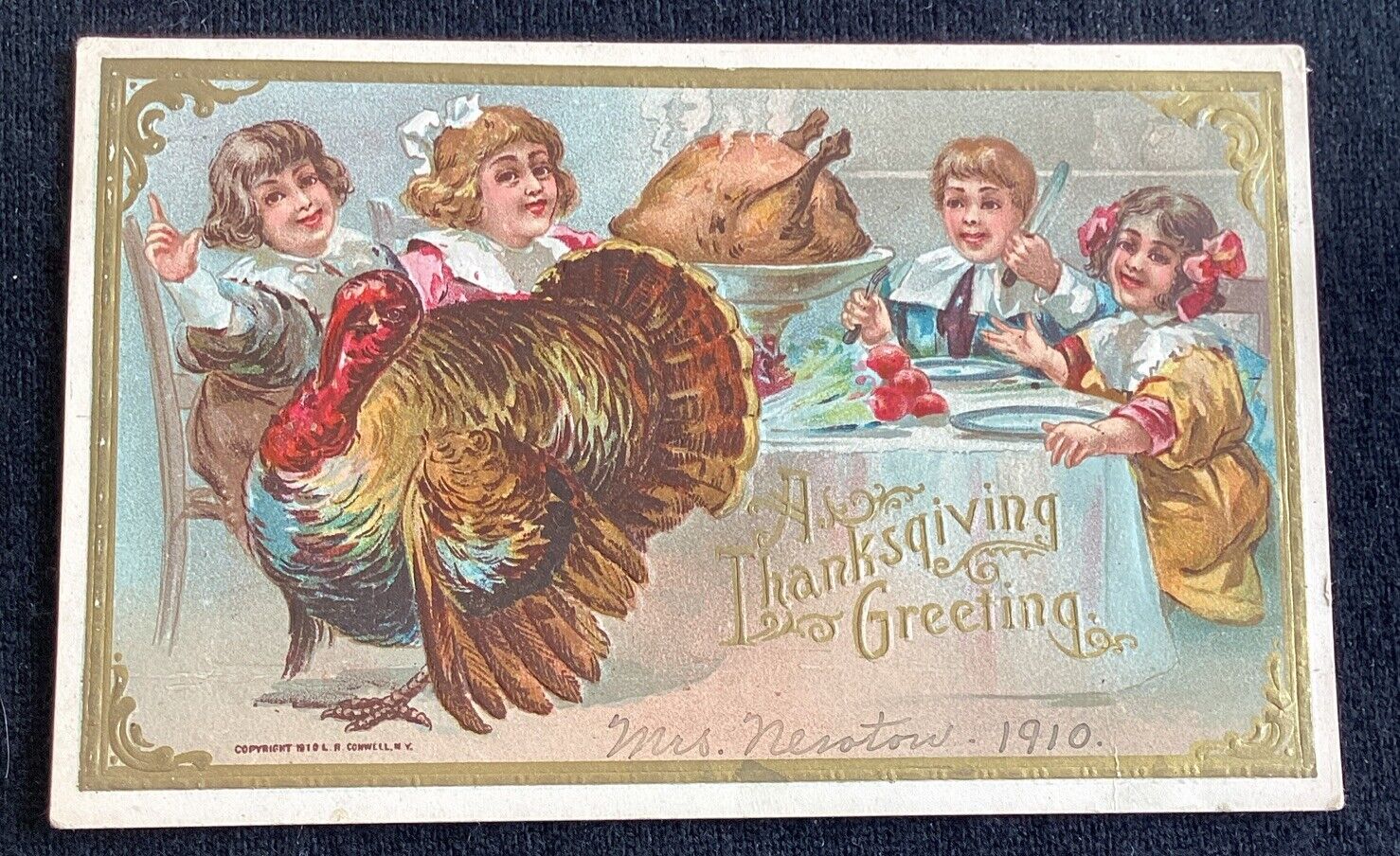 Vintage 1910 Thanksgiving Day Postcard Embossed Turkey Children