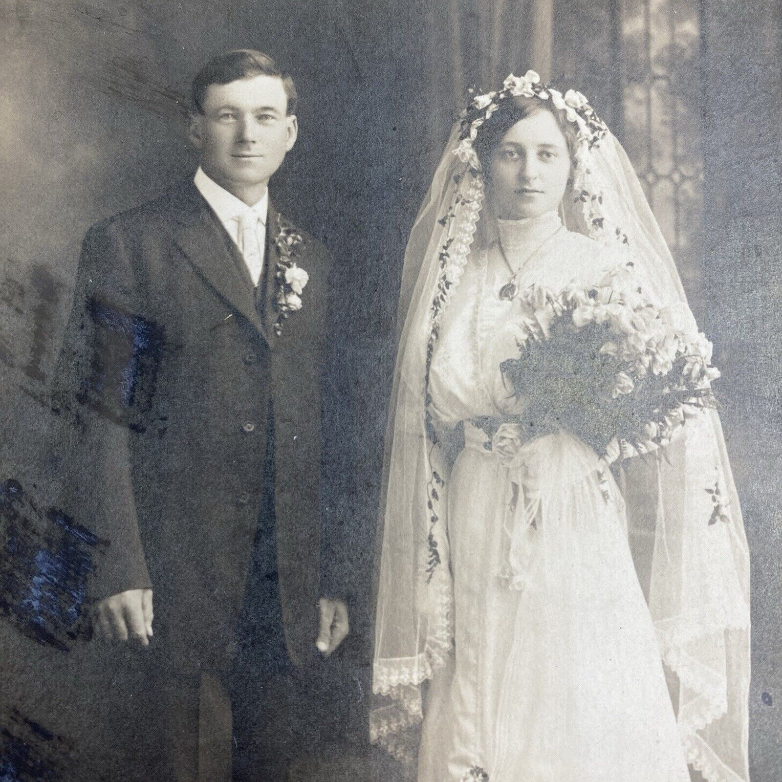 Vintage Antique Black & White Wedding Photo Cabinet Card Bride Groom Dress Veil