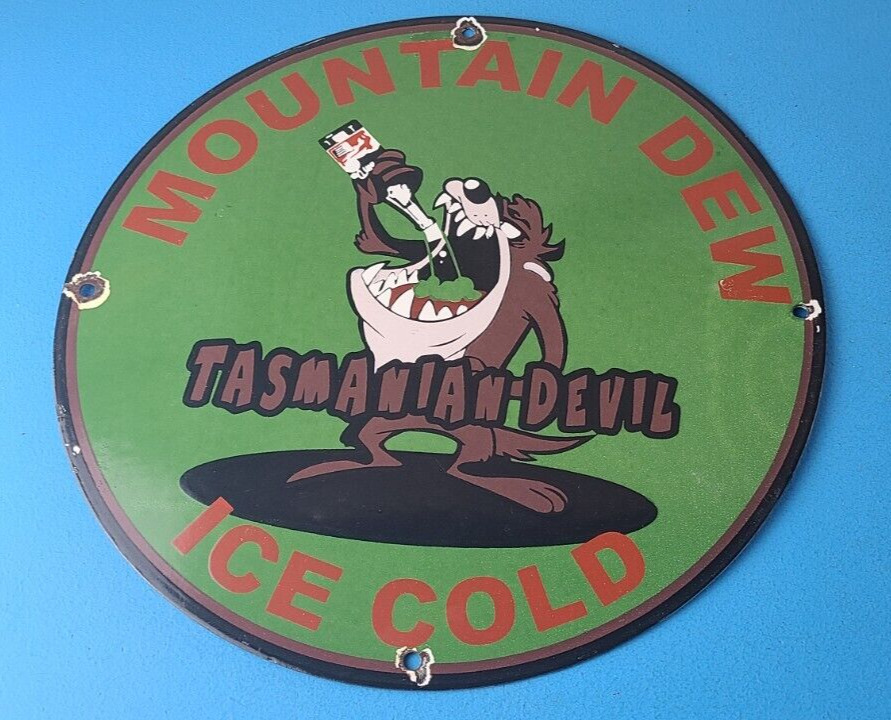 Vintage Mountain Dew Sign - Ice Cold Gas Service Pump Soda Bottle Porcelain Sign