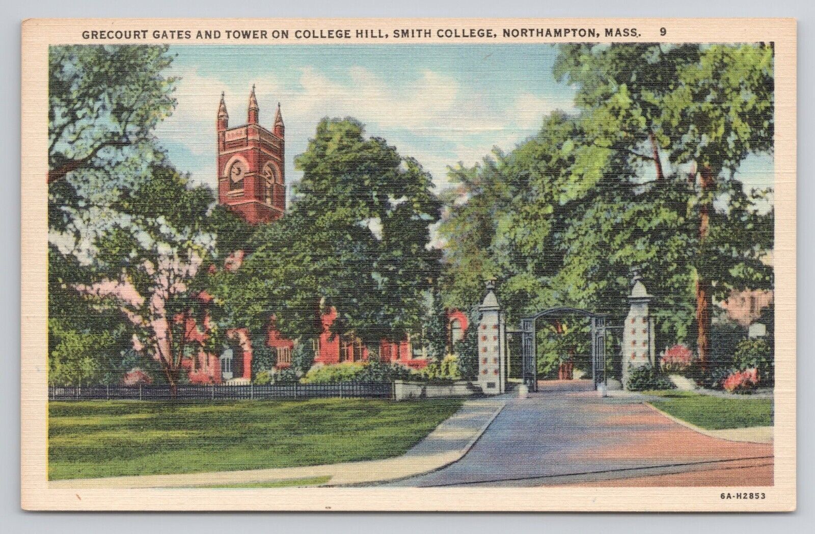 Grecourt Gates &Tower College Hill Smith College MA Linen Postcard No 2672