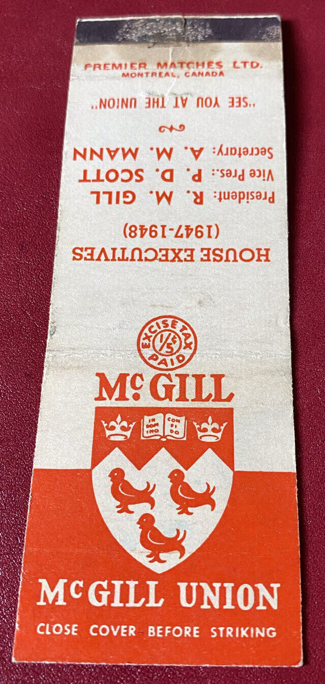Matchbook Cover Mc Gill Excise Tax Paid Mc Gill Union House Executives 1947-1948