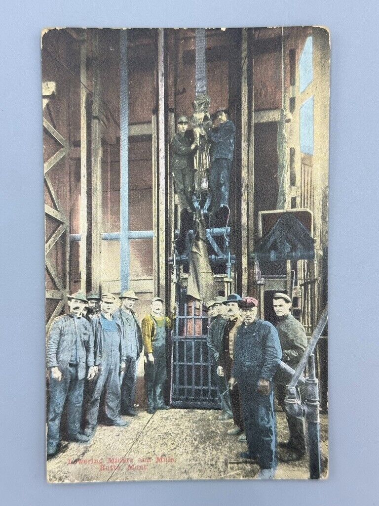 c 1910 BUTTE MONTANA Lowering MINERS & MULE Postcard Antique Mining