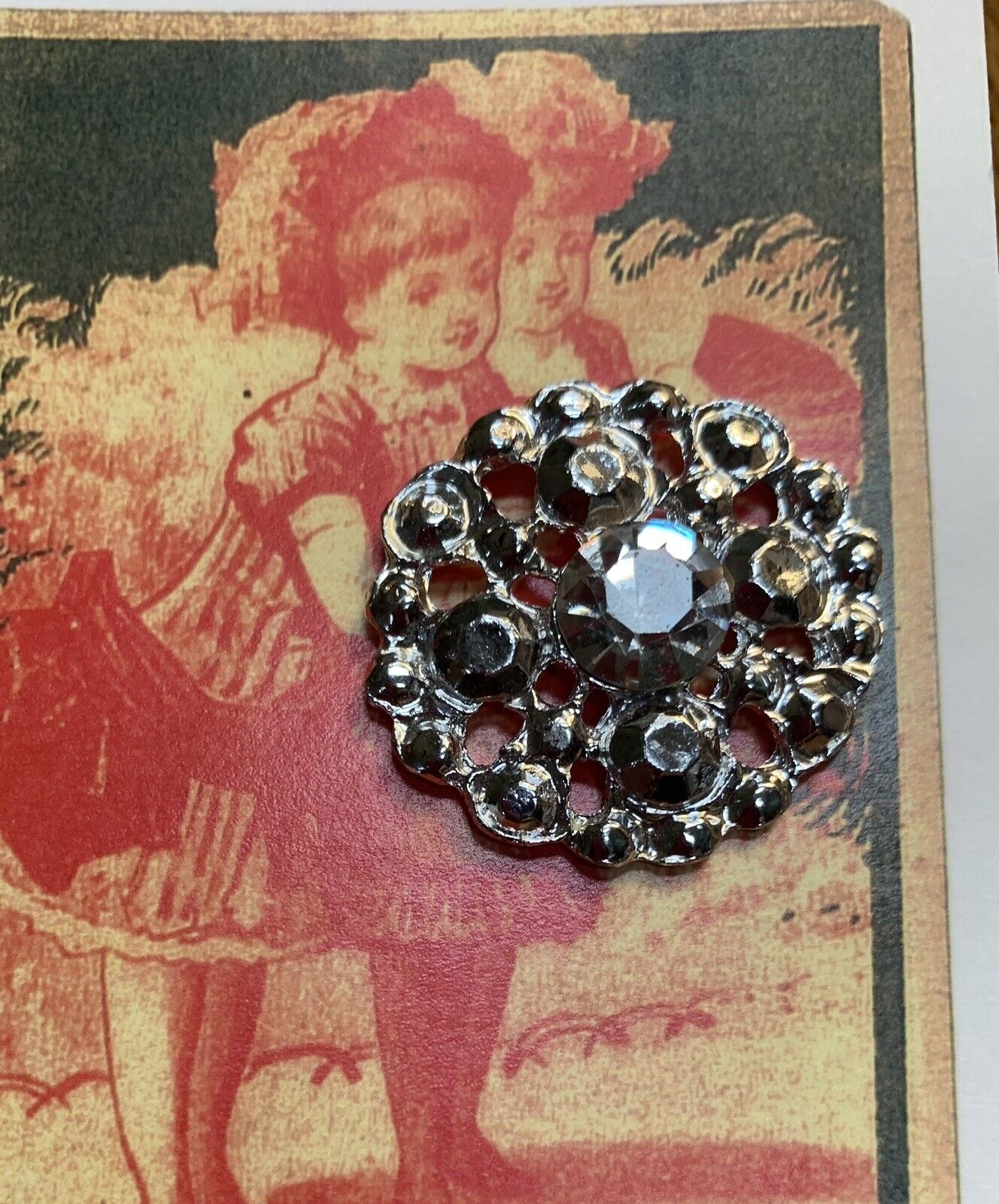 Vintage Exquisite Large 1  1/4”  Silver  Rhinestone Metal Coat Button