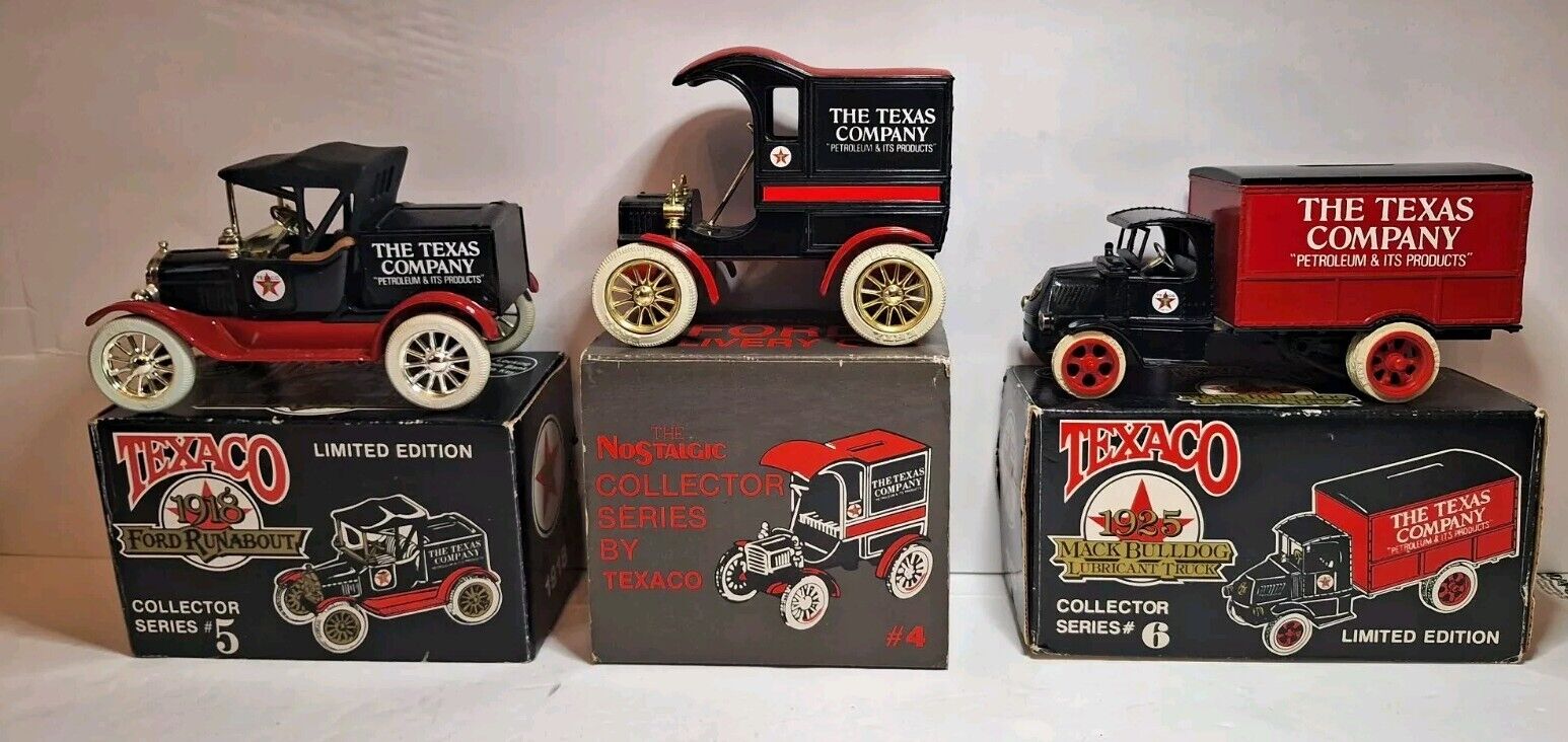 3 Texaco Truck Banks - 1918 Ford Roundabout, Ford Delivery Car, 1925 Mack Truck