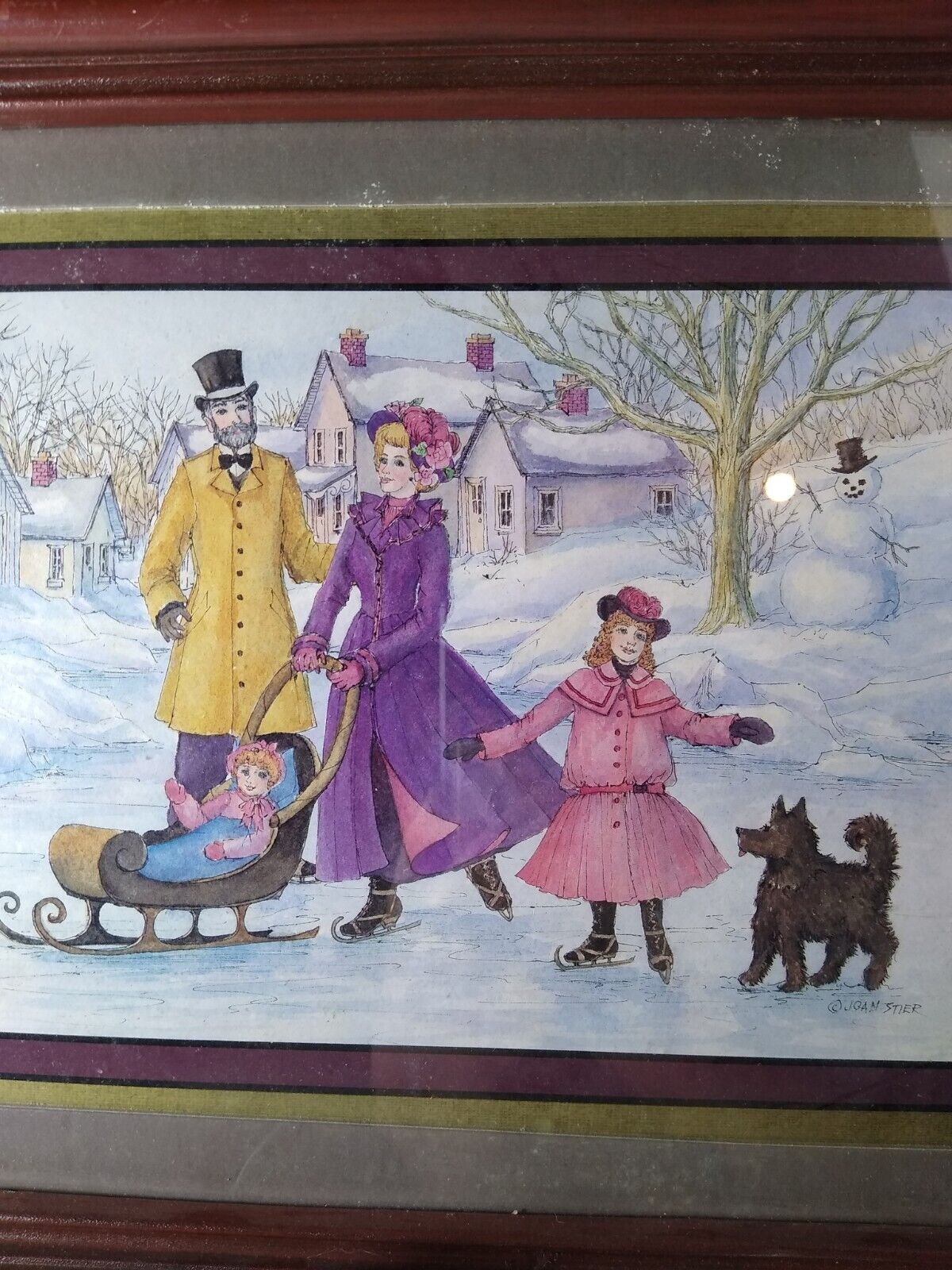 Joan Stier Ice Skating Pond Family W/Dog & Baby Watercolor Framed Print 12