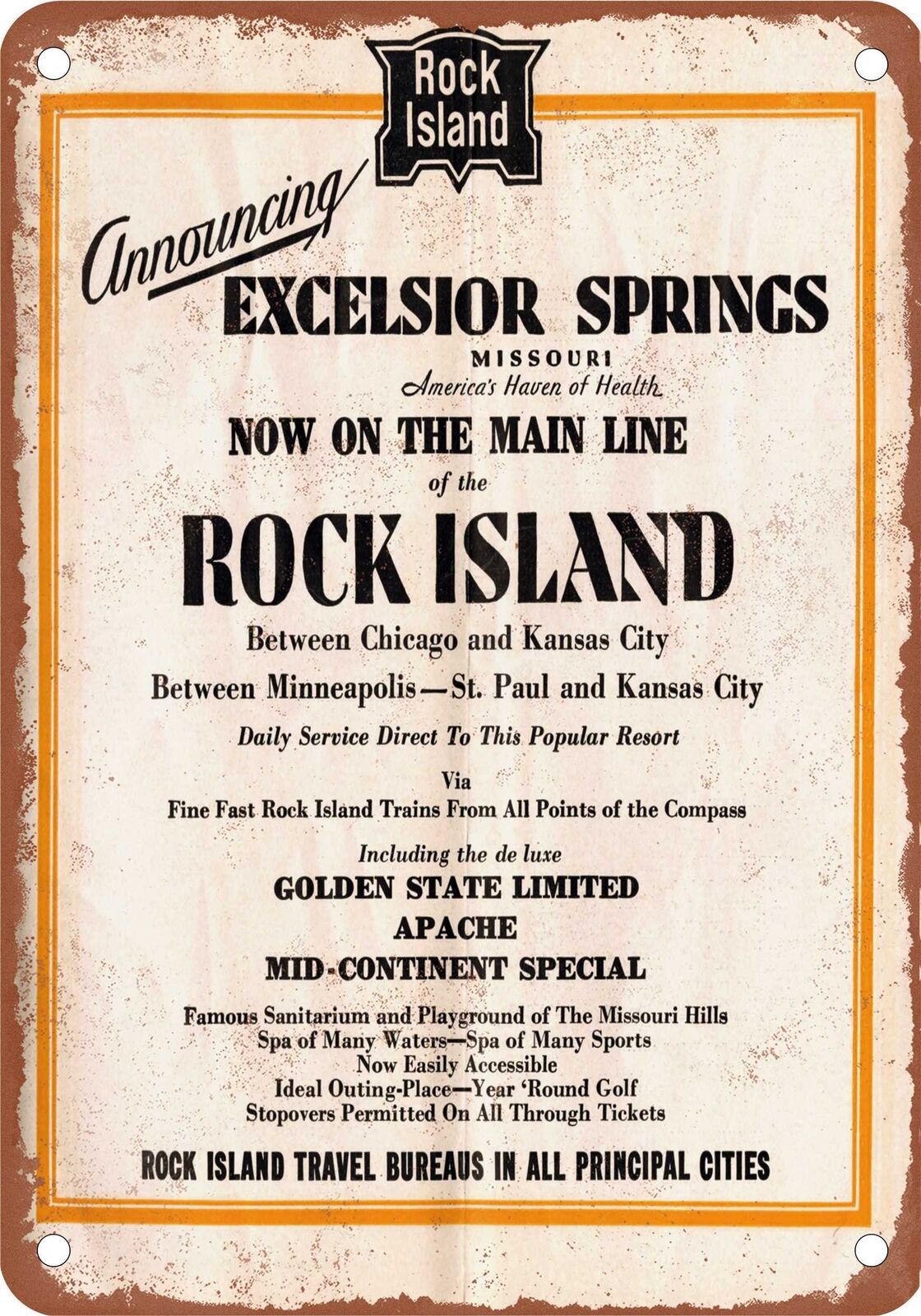 METAL SIGN - 1931 Rock Island to Excelsior Springs Missouri - Vintage Rusty Look