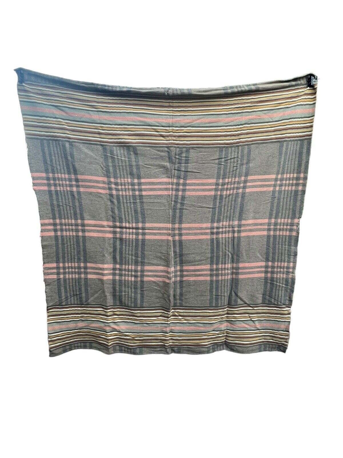 Vintage Distressed Camp Blanket Plaid Striped  71x65