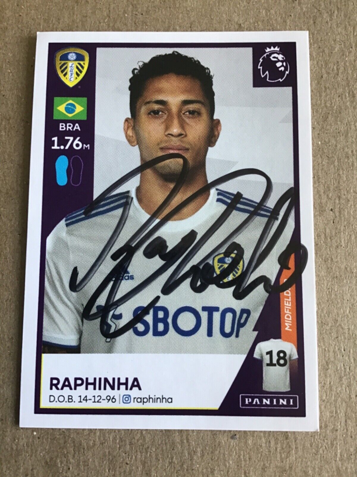 Raphinha, Brazil 🇧🇷 Panini Leeds United Premier League 2021 hand signed