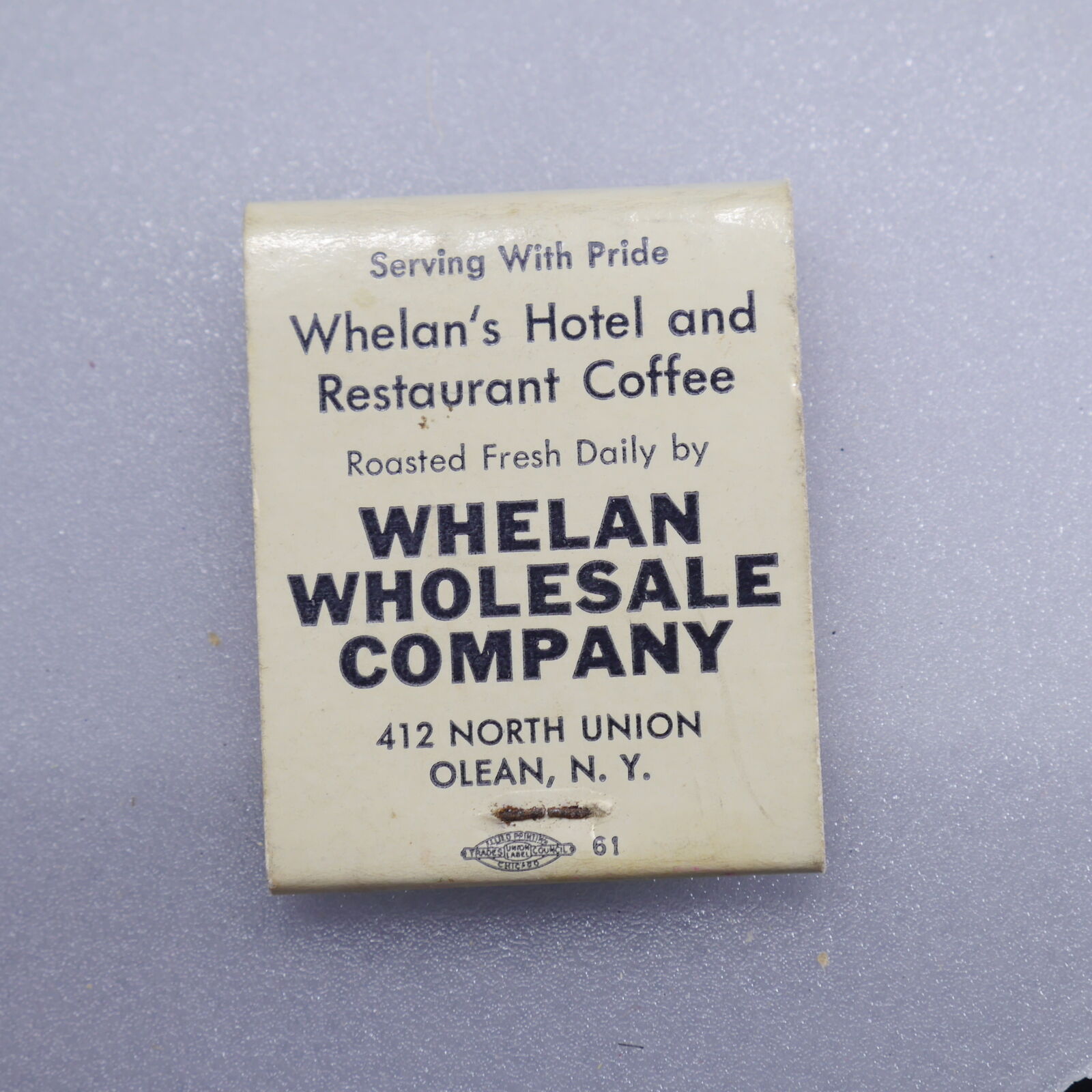 Whelan Wholesale Olean Ny Smethport PA Vintage Matchbook Cover Unstruck