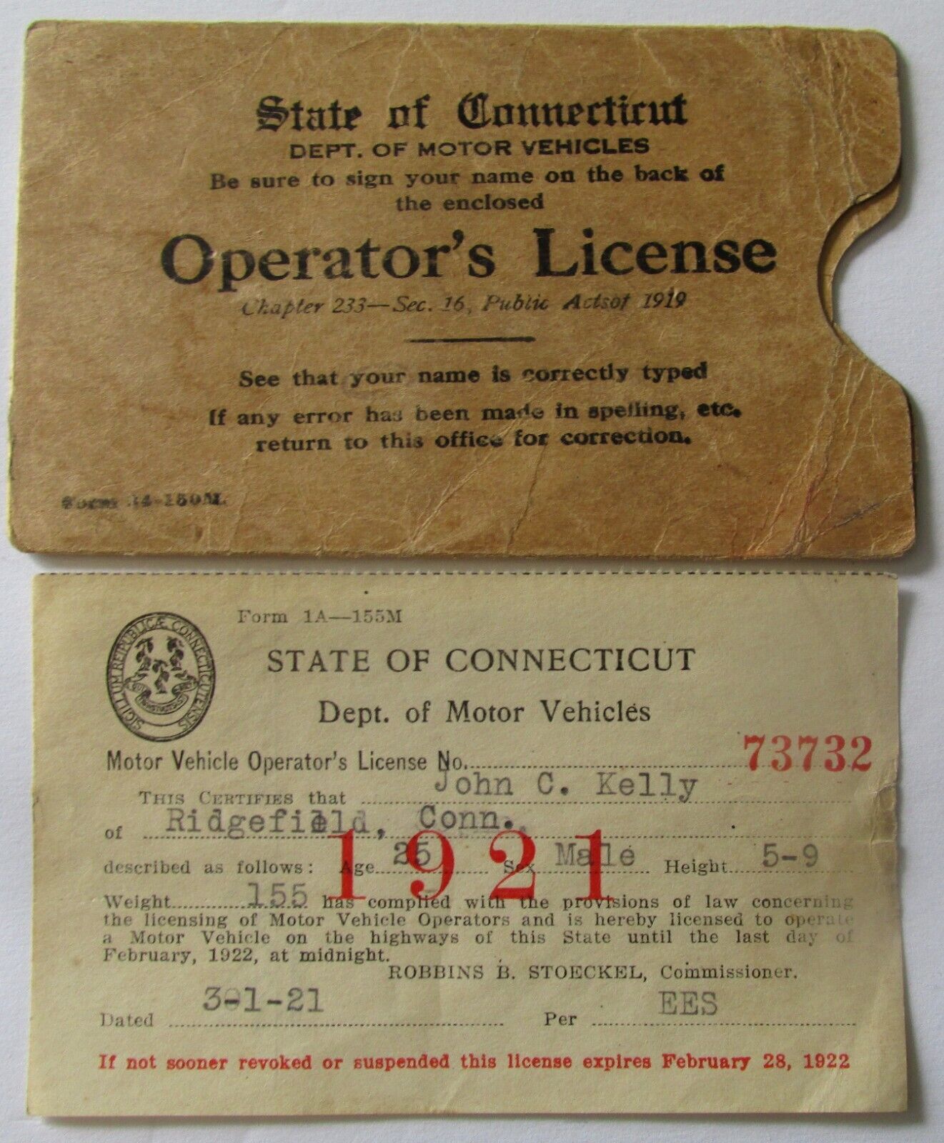 1921 Connecticut Automobile Motor Vehicle Operator\'s / Driver\'s License w Sleeve